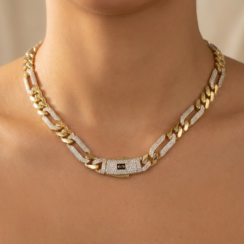 Cadena Monaco Chain de Oro 14k Hueco Modelo Figaro Alt Pavé Swarovski mod. 10368