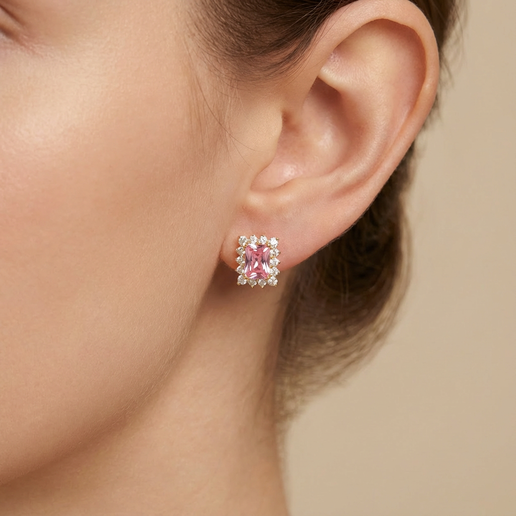 Arete de Oro 14k con Zirconia Rectangular Color Rosa y Biselado Brillante mod. 10431
