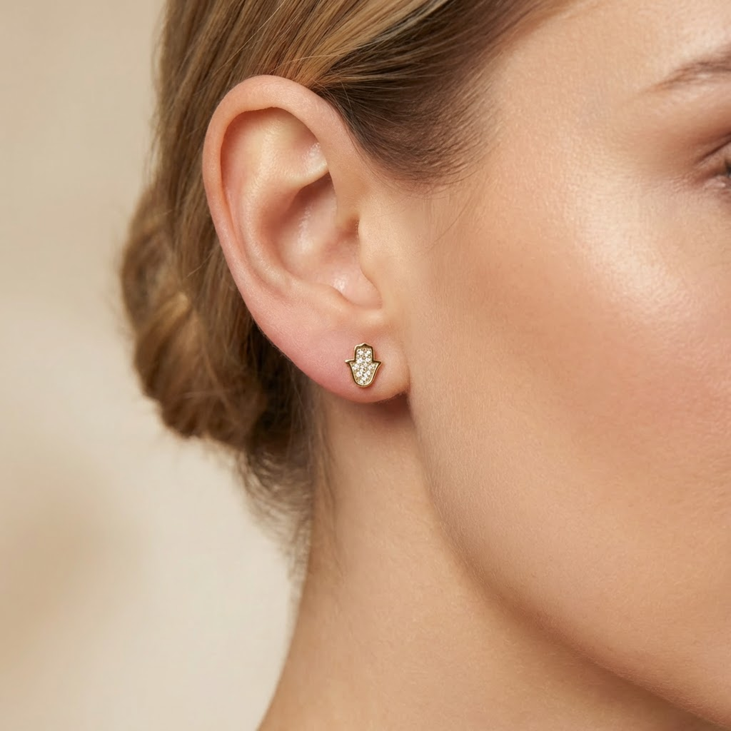 Arete de Oro 14k Mano de Fátima Brillante con Zirconias Finas mod. 10635