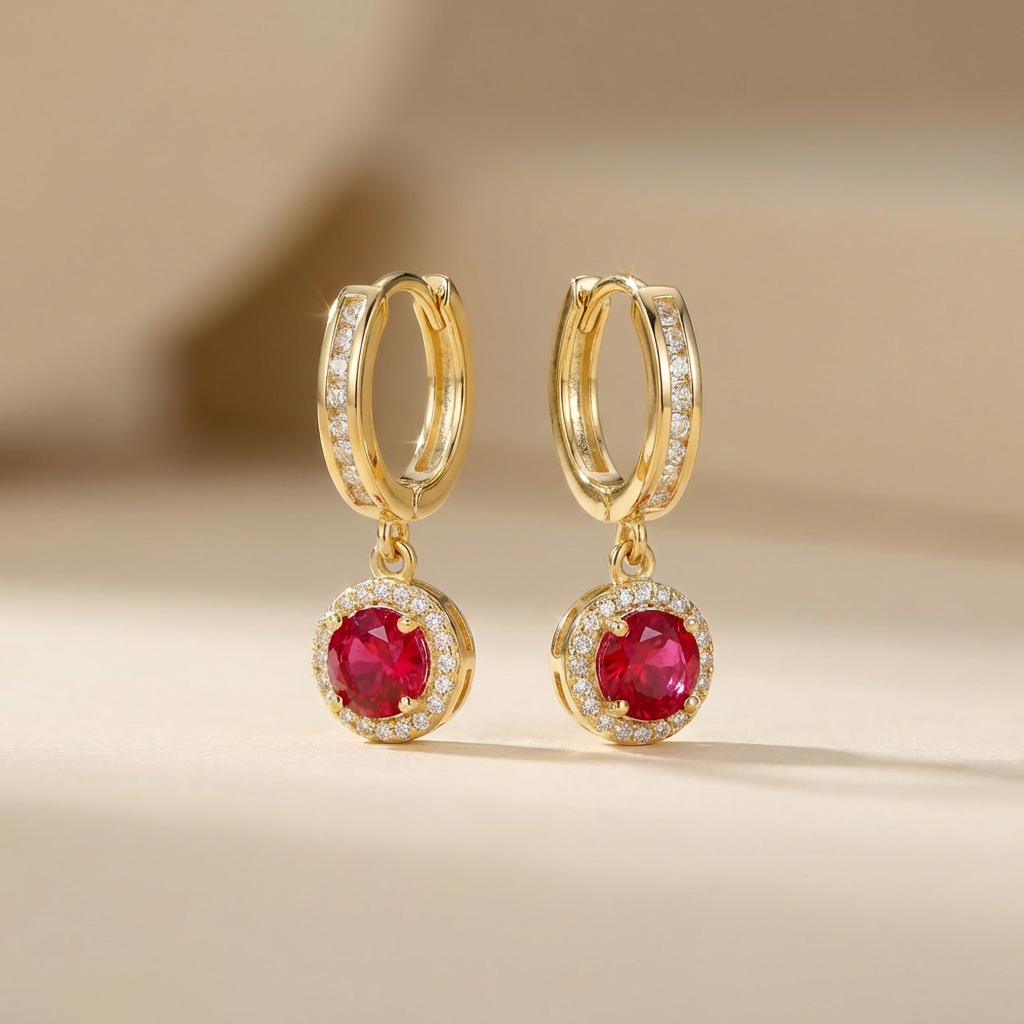 Grapa Larga de Oro 14k con Zirconia Roja Detallada con Zirconias Finas mod. 10598