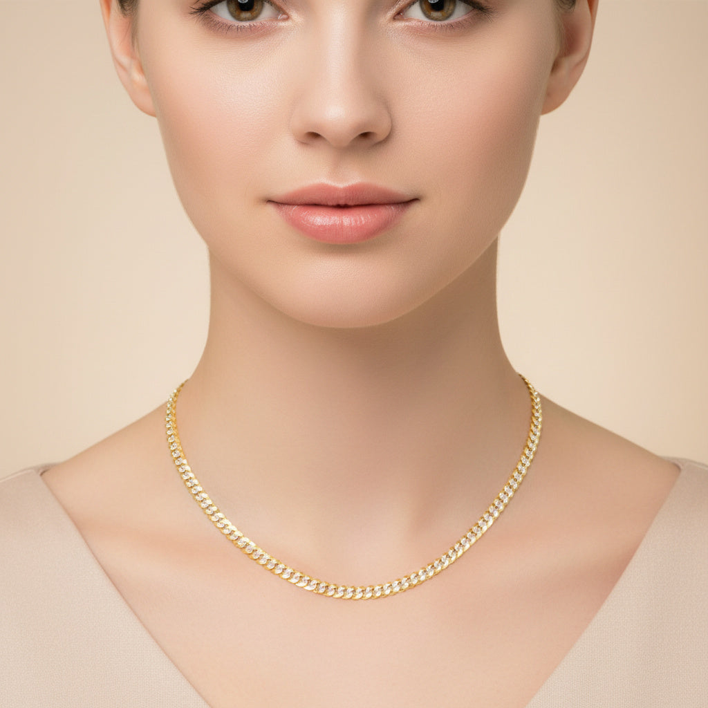 Cadena de Oro 14k Tejido Barbado Sólido con Diamantado de Diseño Martillado mod. 10300