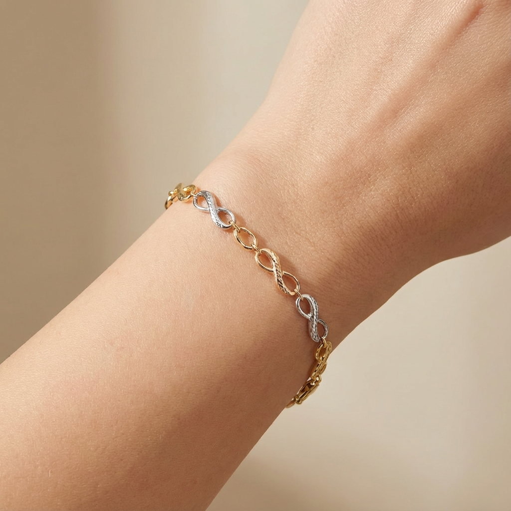 Pulsera de Oro 14k Tejido Hueco de Eslabones Diamantados en Forma Infinitos mod. 10339