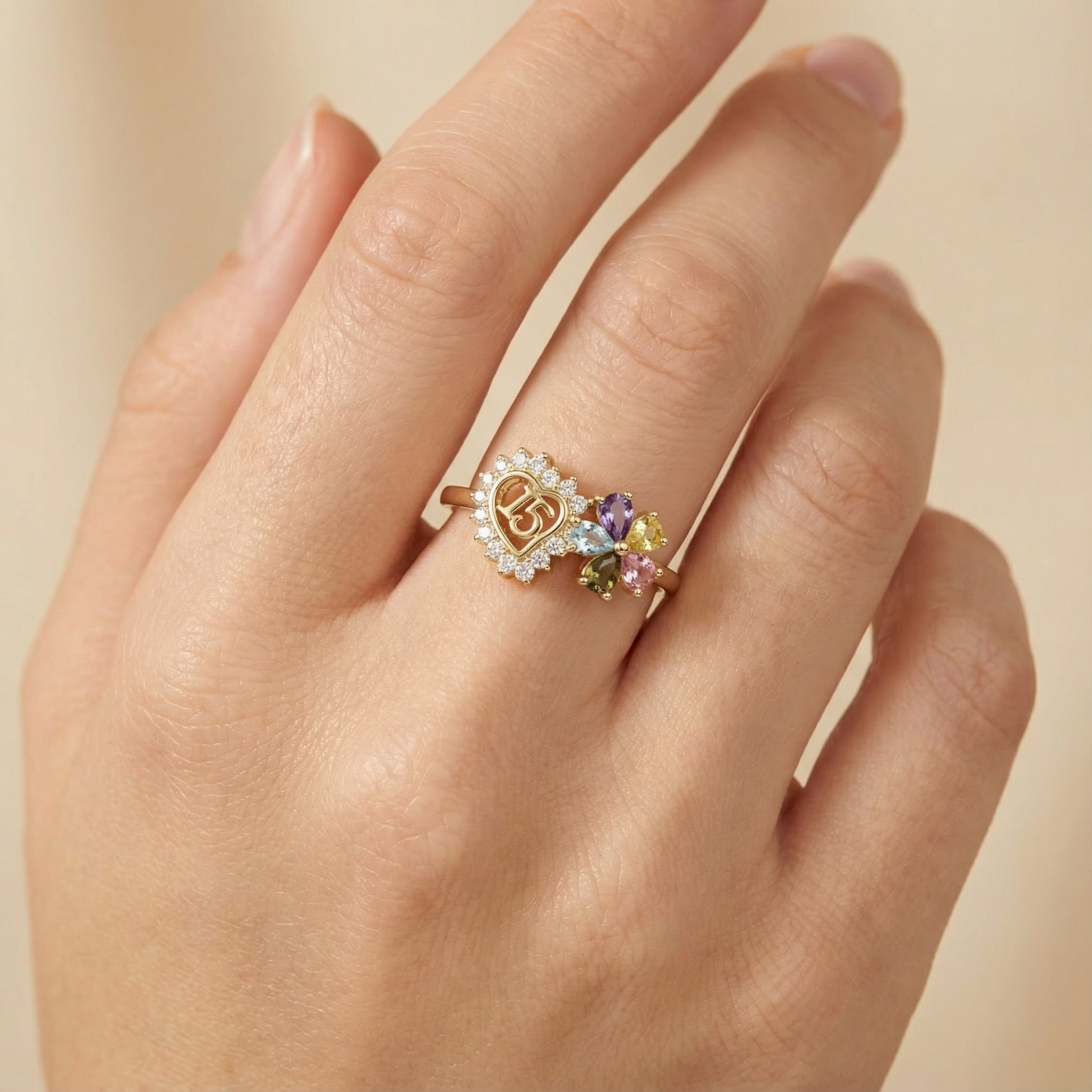 Anillo XV Años de Oro 14k Diseño Especial con Zirconias de Colores mod. 10211