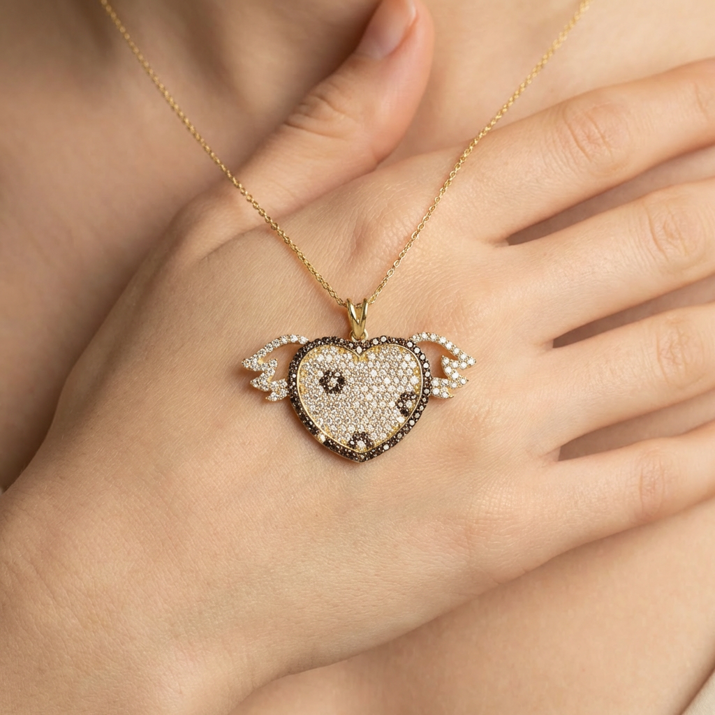 Dije de Oro 14k Corazón con Alas e Incrustación de Zirconias Brillantes mod. 10511