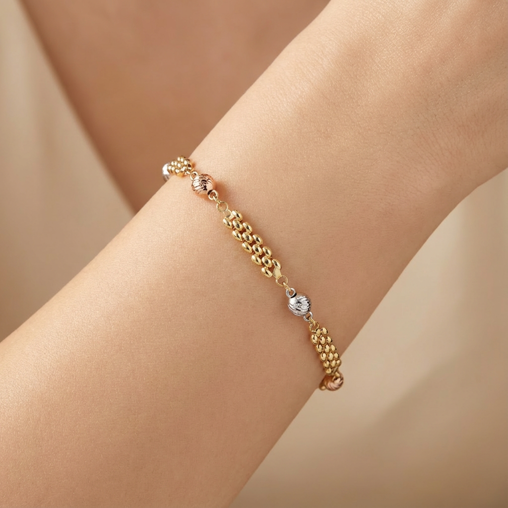 Pulsera de Oro 14k Tejido Hueco de Esperas Oval con Corazones Diamantados mod. 10335