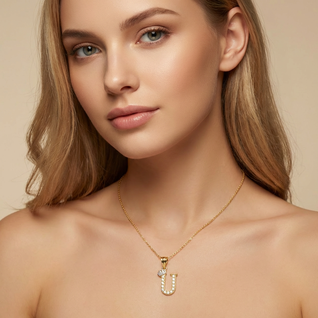 Dije de Oro 14k Modelo de Inicial U Diseñado con Corona e Incrustación de Zirconias mod. 10575