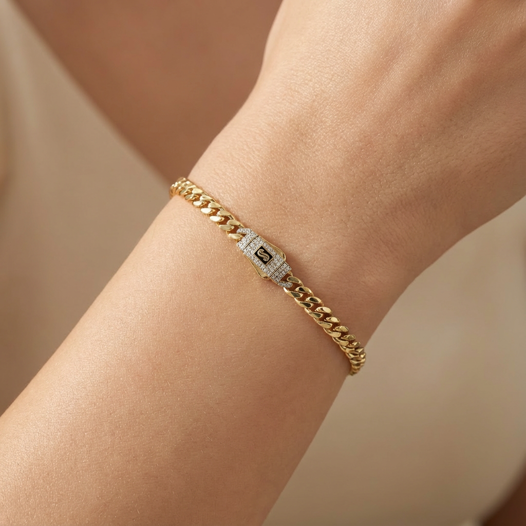 Pulsera Monaco Chain de Oro 14k Hueco Modelo Classic con Broche Pavé con Swarovski mod. 10323