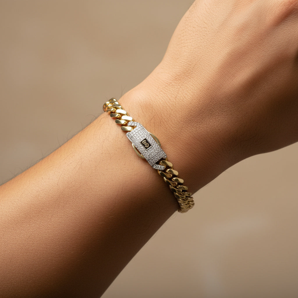 Pulsera Monaco Chain de Oro 14k Hueco Modelo Classic con Broche Pavé Swarovski mod. 10325