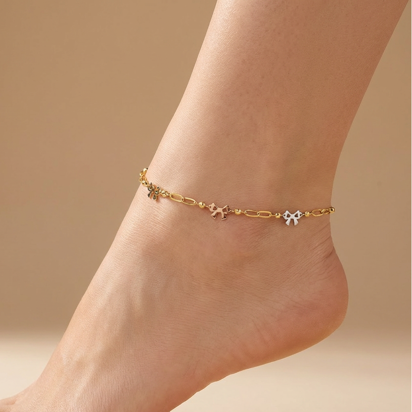 Tobillera de Oro 14k Tejido Paper Clip con Diseño de Moños mod. 10549