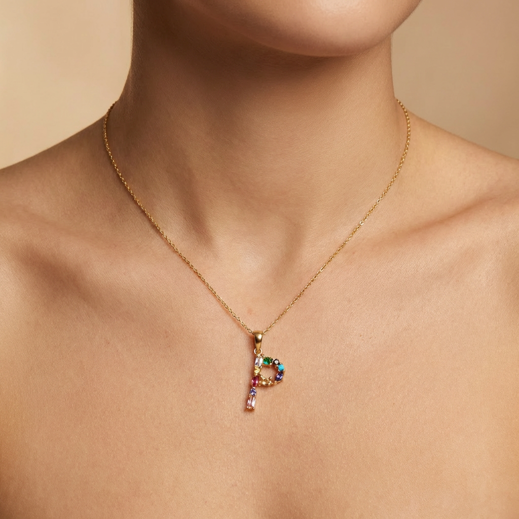 Dije de Oro 14k Modelo de Inicial P Incrustada con Zirconias de Colores mod. 10580