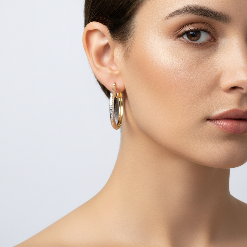 Arracada de Oro 14k Hueco Diseño Mate Especial con Grecas Brillantes mod. 10153