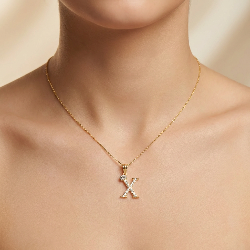 Dije de Oro 14k Modelo de Inicial X Diseñado con Corona e Incrustación de Zirconias mod. 10577