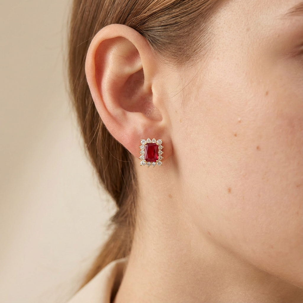 Arete de Oro 14k con Zirconia Rectangular Color Rojo Rubí y Biselado Brillante mod. 10429