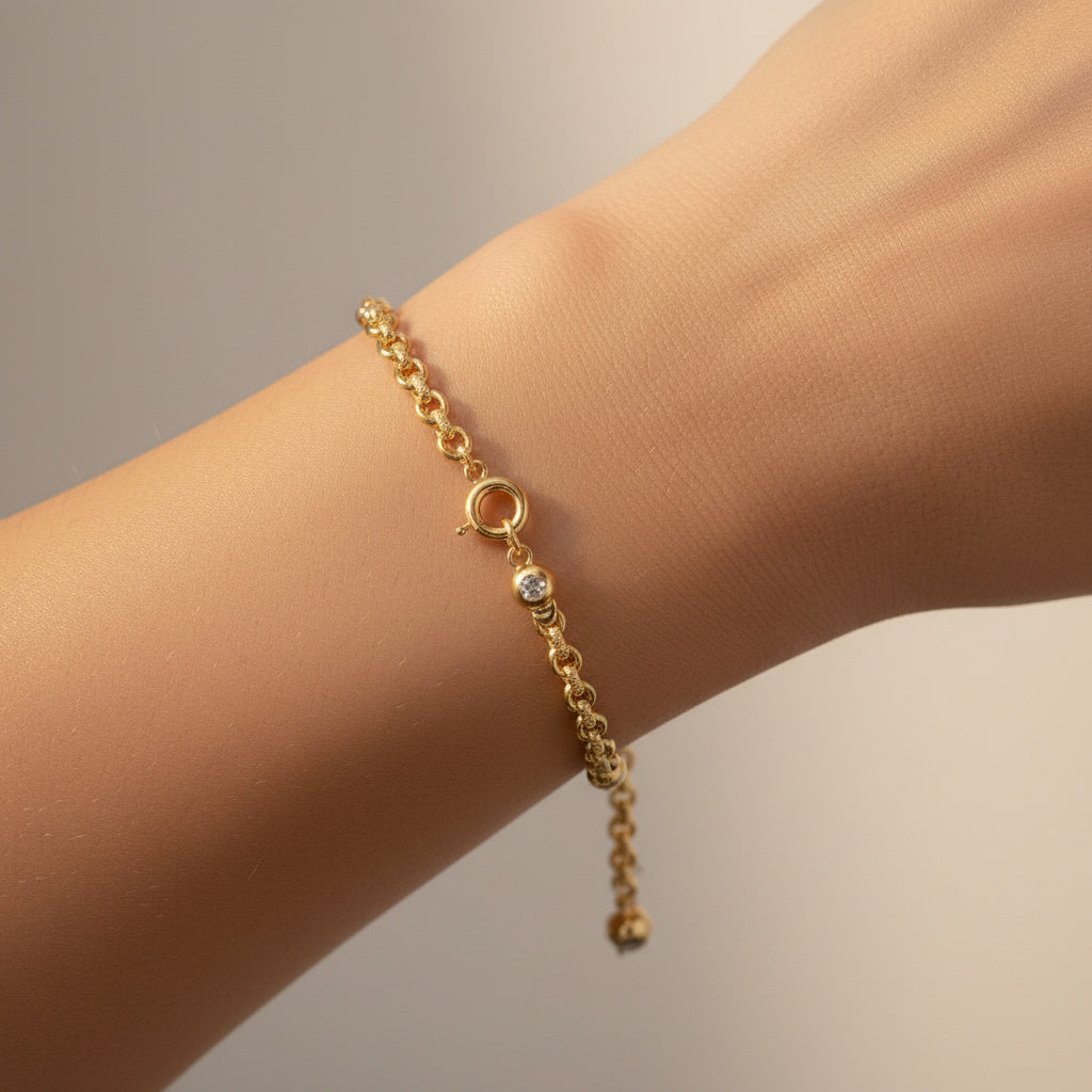 Pulsera de Oro 14k Tejido Especial Huecocon Zirconias en Esfera mod. 10186