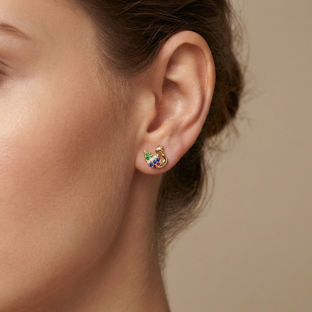 Arete de Oro 14k Cisne con Zirconias de Colores mod. 10625