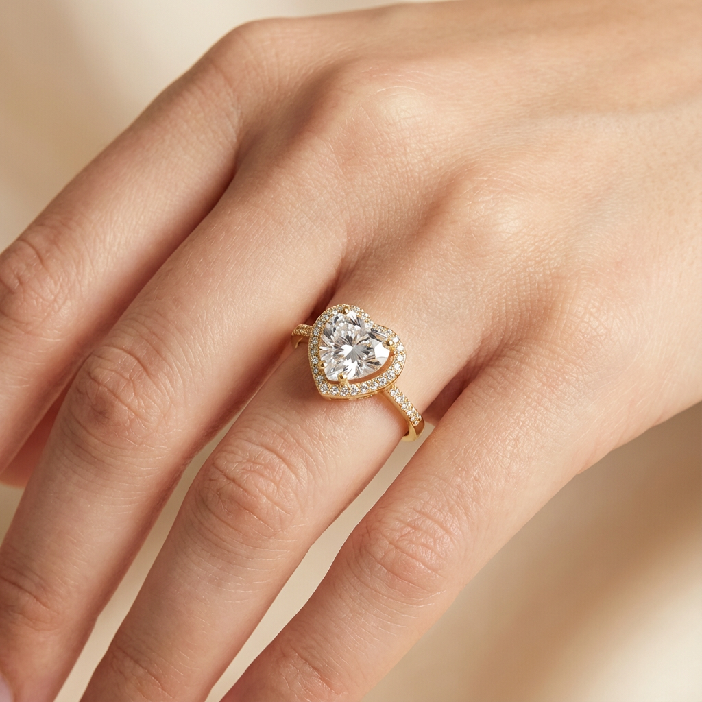 Anillo de Oro 14k Fino con Corazón de Zirconia Brillante en Montadura con Grecas mod. 10360