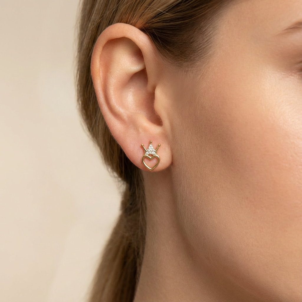 Arete de Oro 14k Corazón y Corona con Incrustación de Zirconias mod. 10434