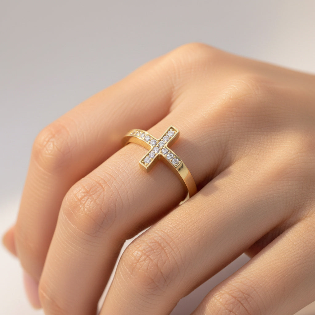 Anillo de Oro 14k Diseño de Cruz con Zirconias mod. 10197