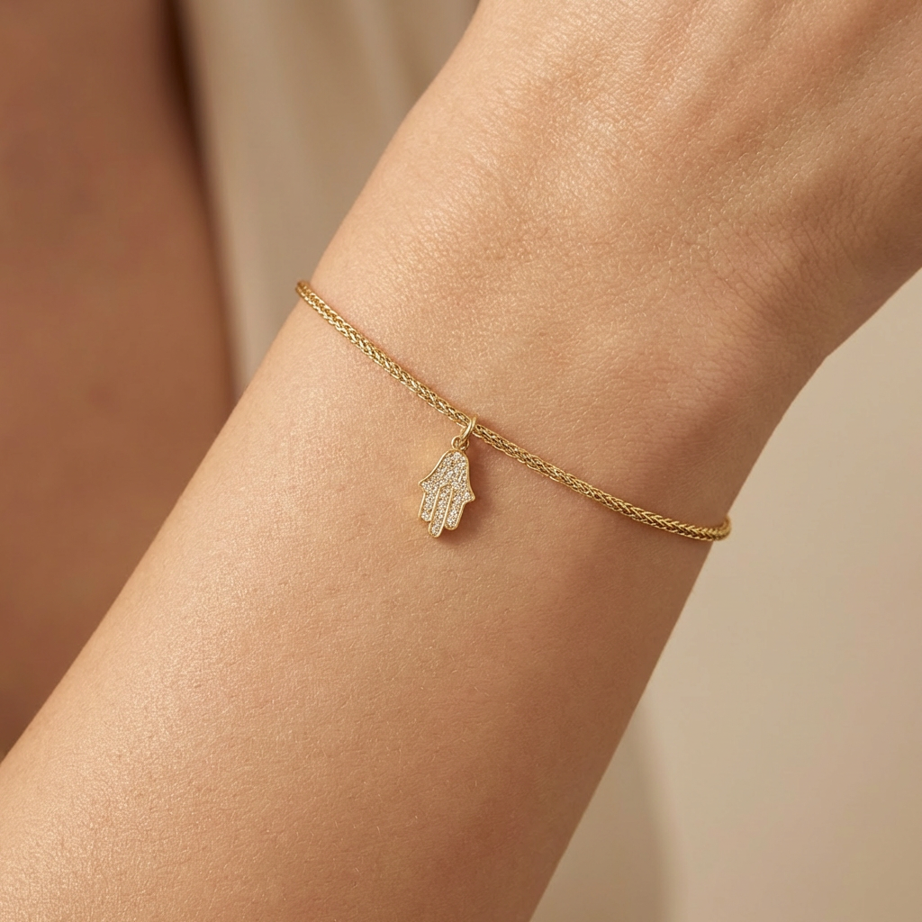 Charm de Oro 14k Mano de Fátima con Incrustación de Zirconias mod. 10647