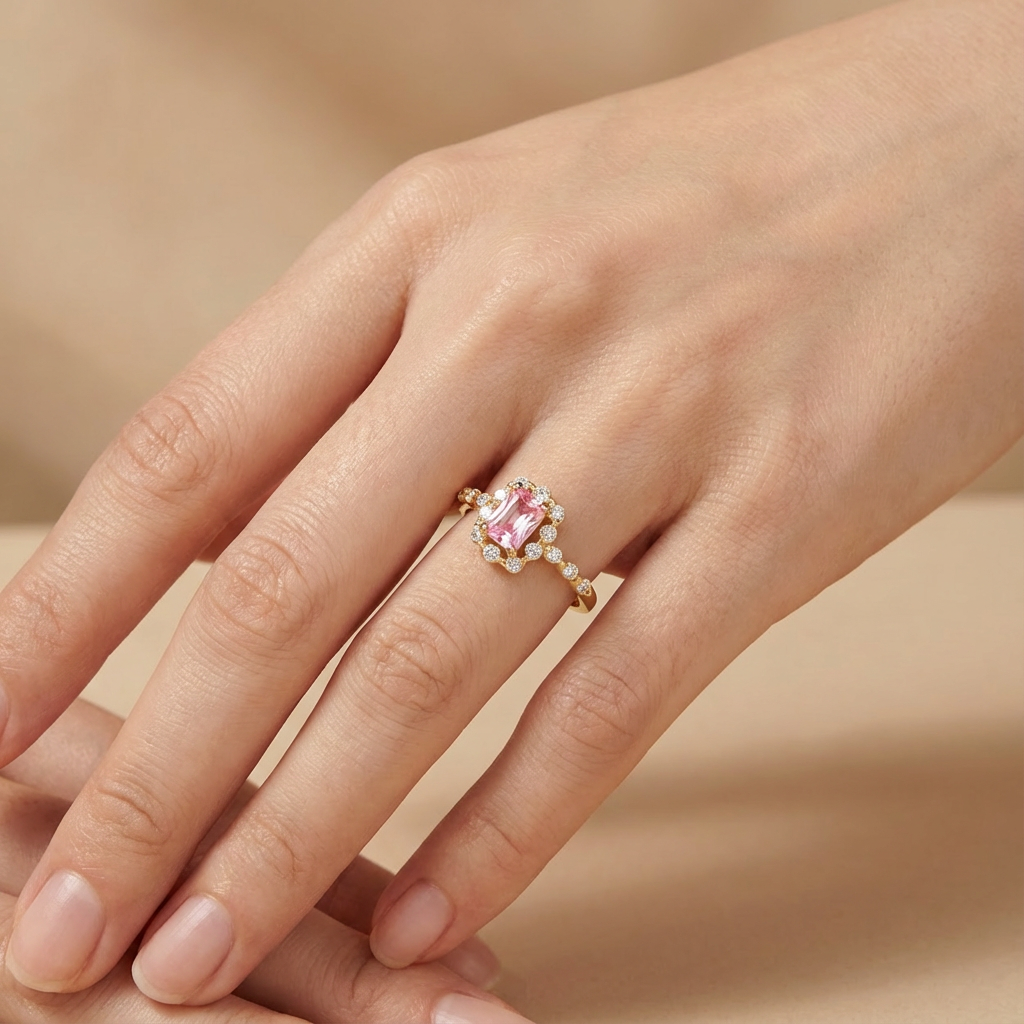 Anillo de Oro 14k Diseño Brillante con Zirconias Finas y Zirconia Rosa mod. 10356