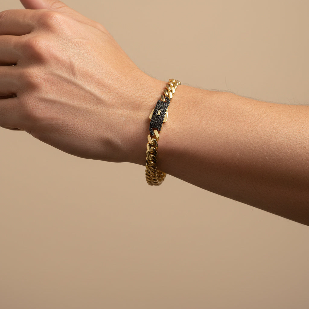 Pulsera Monaco Chain de Oro 14k Hueco Modelo Classic con Broche Pavé Swarovski Oscuro mod. 10328