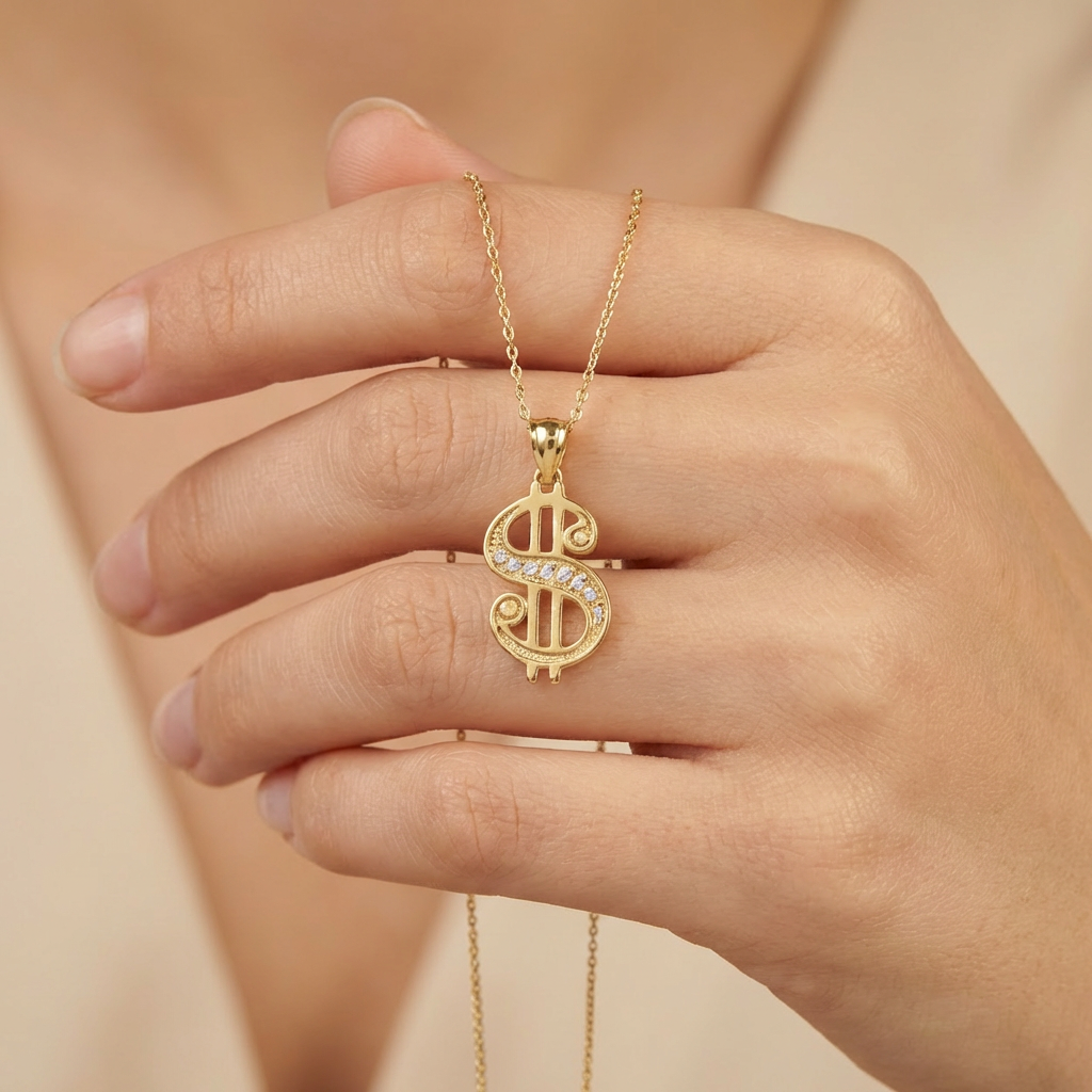 Dije de Oro 14k Signo de Dollares Incrustado con Zirconias mod. 10497