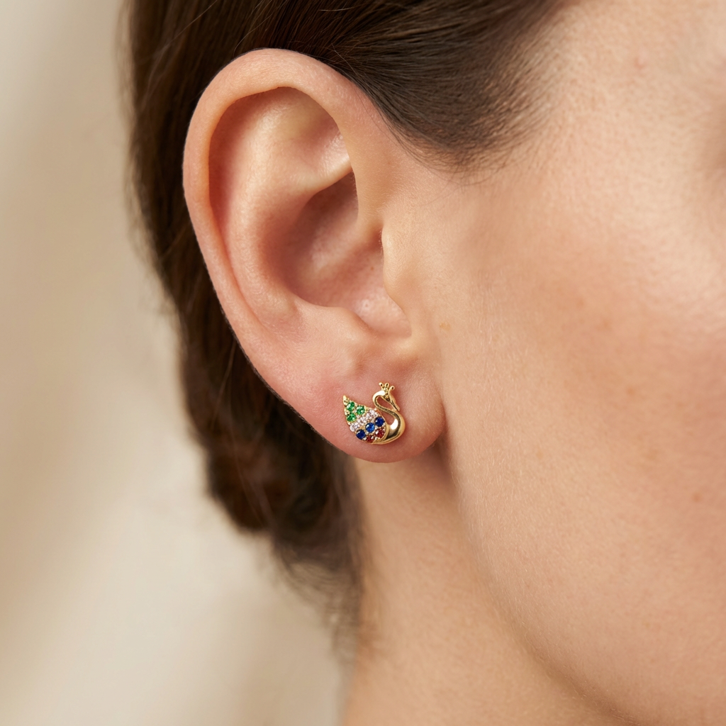 Arete de Oro 14k Cisne con Zirconias de Colores mod. 10625