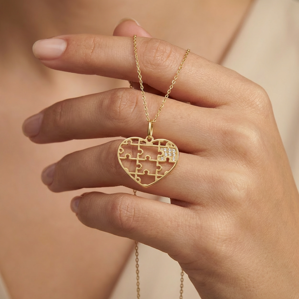 Dije de Oro 14k Corazón Rompecabeza con Pieza de Zirconias Finas mod. 10515