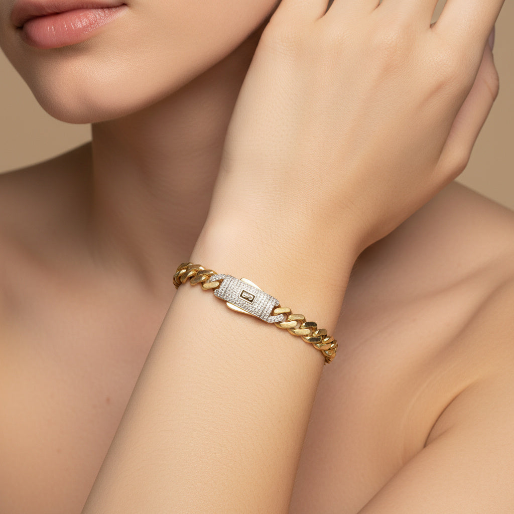 Pulsera Monaco Chain de Oro 14k Hueco Modelo Classic con Broche Pavé Swarovski mod. 10325