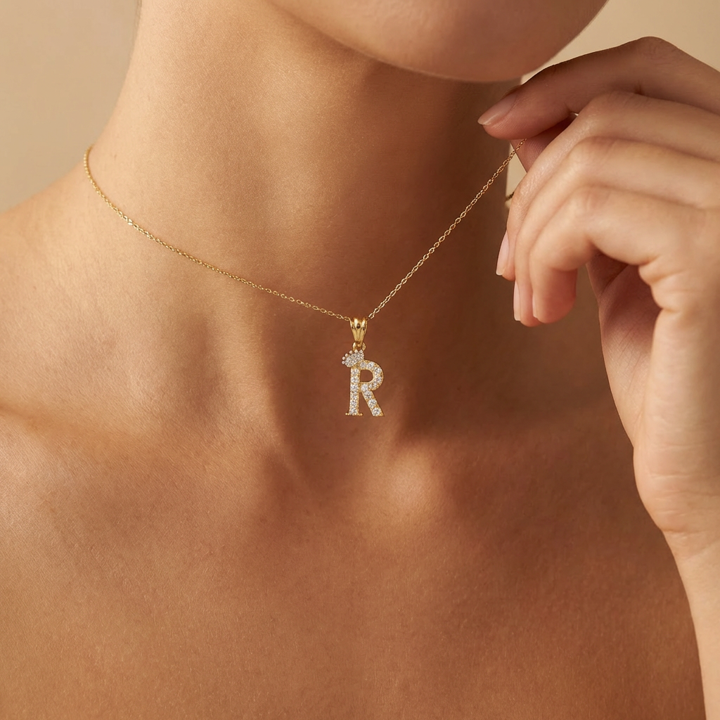 Dije de Oro 14k Modelo de Inicial R Diseñado con Corona e Incrustación de Zirconias mod. 10572