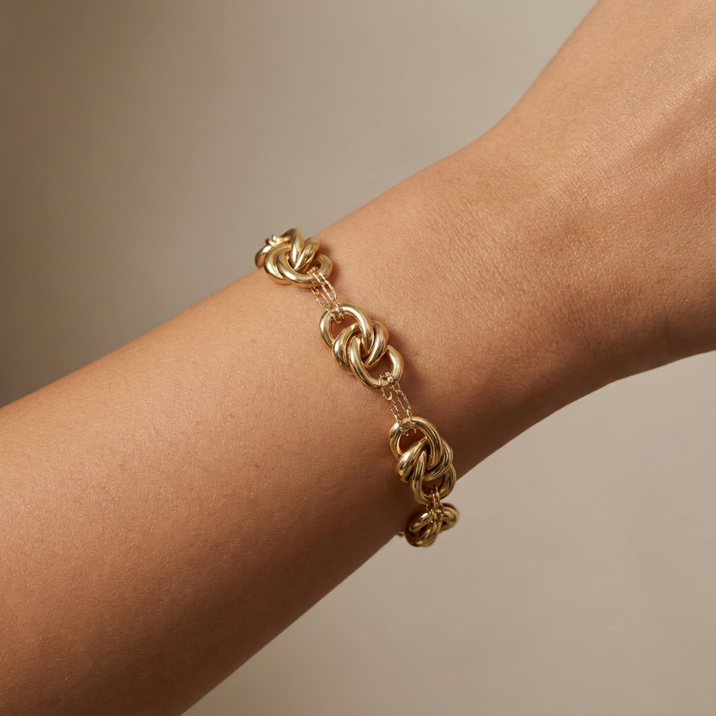 Pulsera de Oro 14k Tejido Especial de Eslabones Huecos y Brillantes Enlazados con Cadena Fina y Brillante mod. 10334