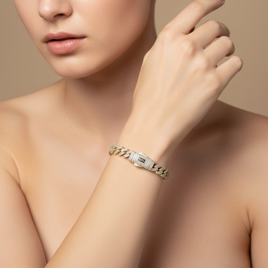 Pulsera Monaco Chain de Oro 14k Hueco Modelo Classic Pavé Swarovski mod. 10326