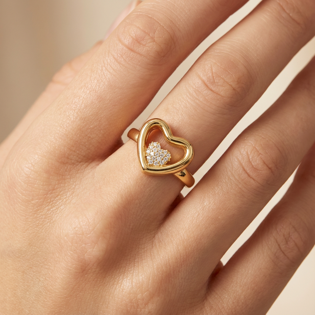 Anillo de Oro 14k Corazón Estilo Inflado con Corazón Pequeño Incustado con Zirconias mod. 10482