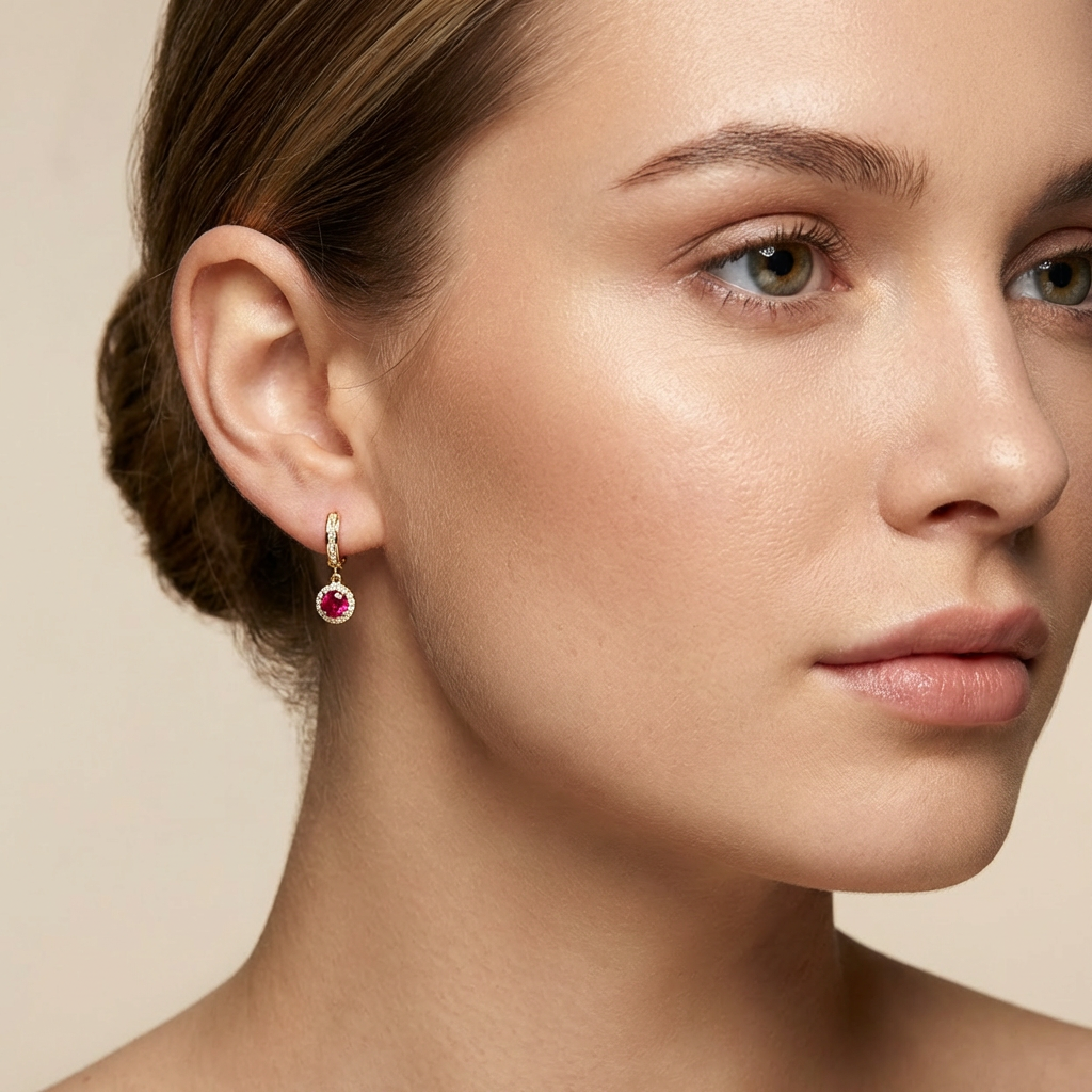 Grapa Larga de Oro 14k con Zirconia Roja Detallada con Zirconias Finas mod. 10598