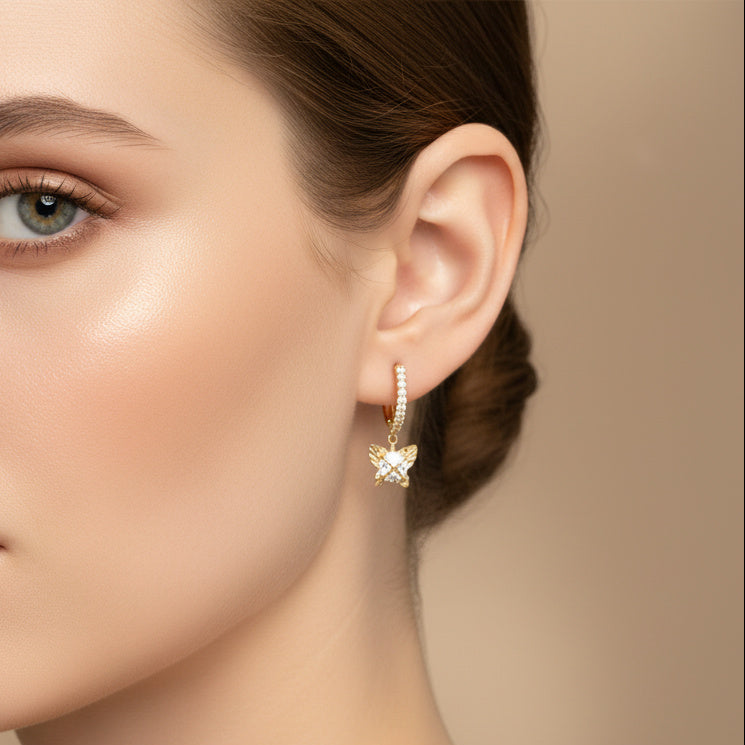 Grapa Larga de Oro 14k Mariposa Diamantada con Zirconia Brillante mod. 10374