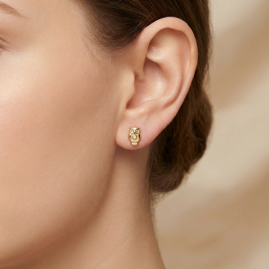 Broquel de Oro 10k Diseño de Búho con ZIrconia Brillante mod. 10438