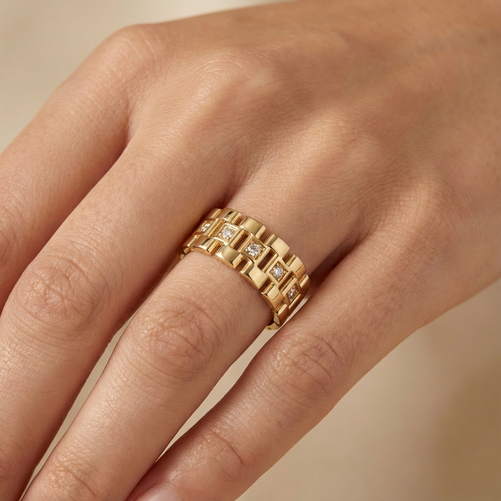 Anillo de Oro 14k Diseño de Tejido Ensamblado Incrustado con Zirconias mod. 10357