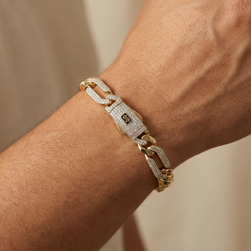 Pulsera Monaco Chain de Oro 14k Hueco Modelo Figaro 3x1 Alt Pavé Swarovski mod. 10329