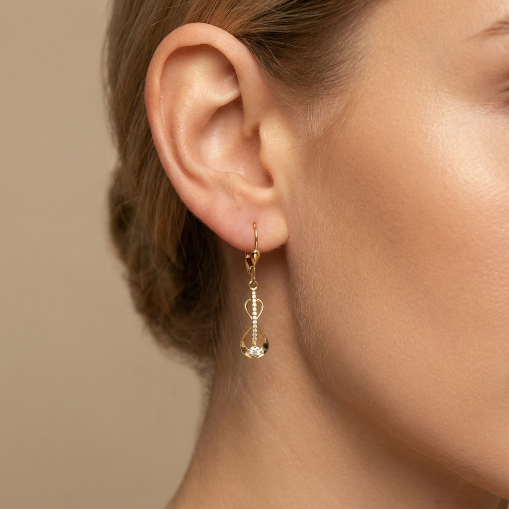 Arete Largo de Oro 14k Diseño con Forma de Infinito Incrustado con Zirconias mod. 10348