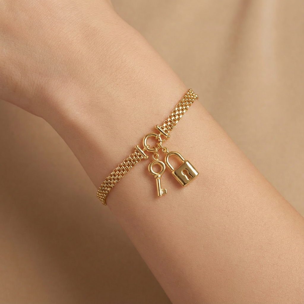Pulsera de Oro 14k Tejido Fino y Ligero con Dijes de Llave y Candado mod. 10336