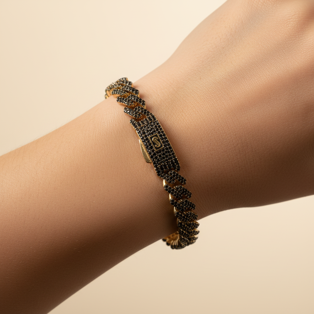 Pulsera Monaco Chain de Oro 14k  Modelo Edge con Pavé de Incrustación de Swarovski Color Negro mod. 9509