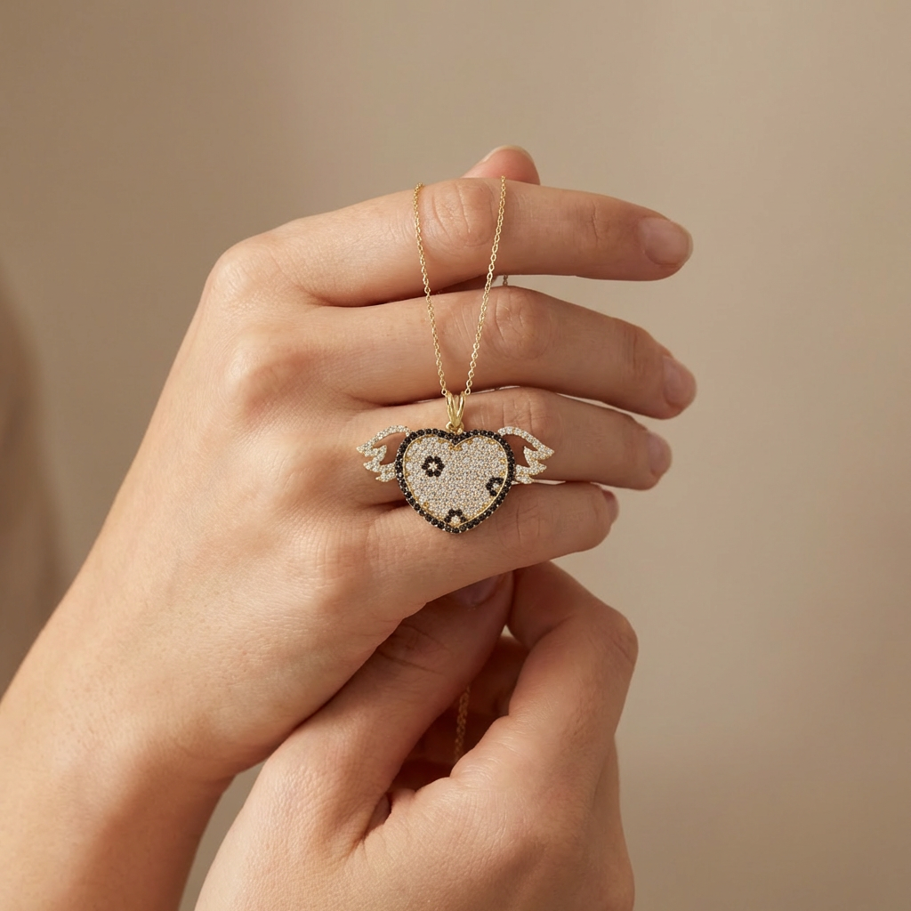 Dije de Oro 14k Corazón con Alas e Incrustación de Zirconias Brillantes mod. 10511