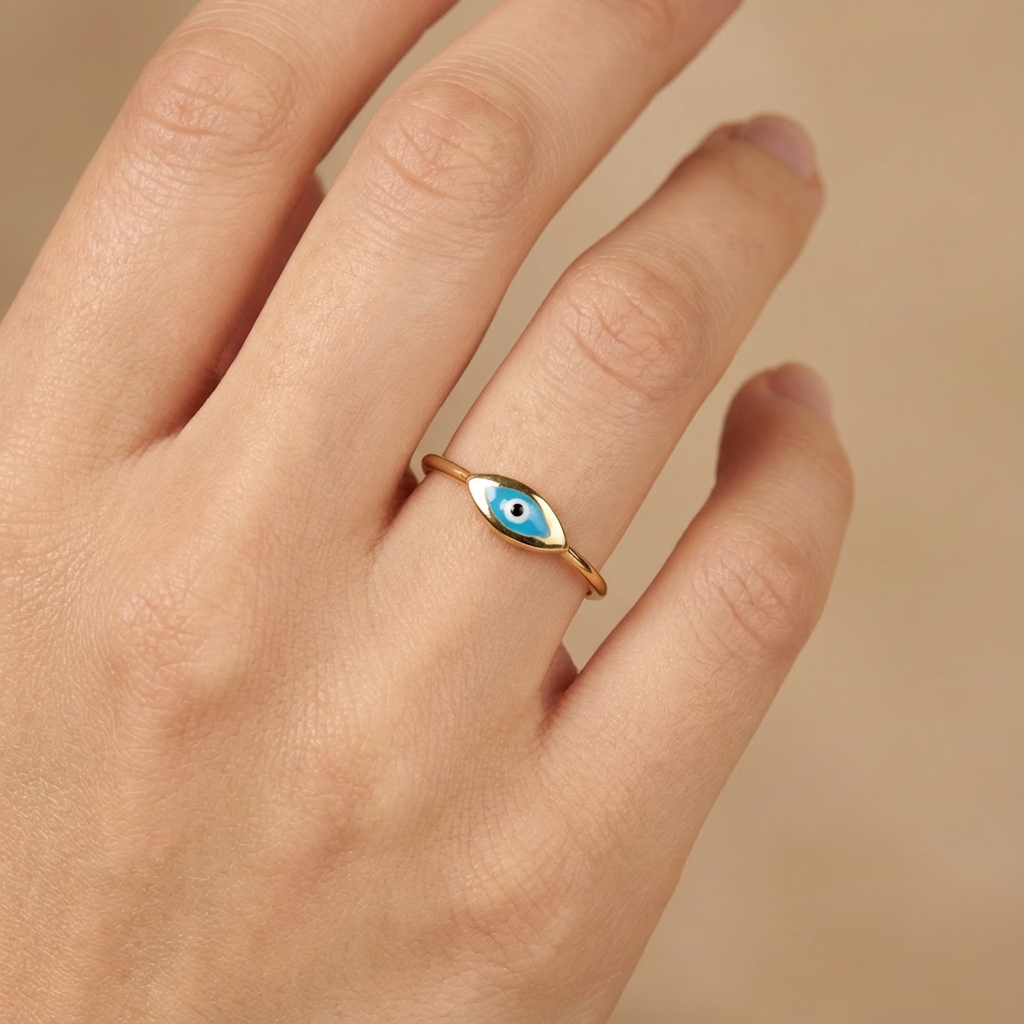 Anillo de Oro 14k Ojo Turco Azul con Bisel mod. 10459