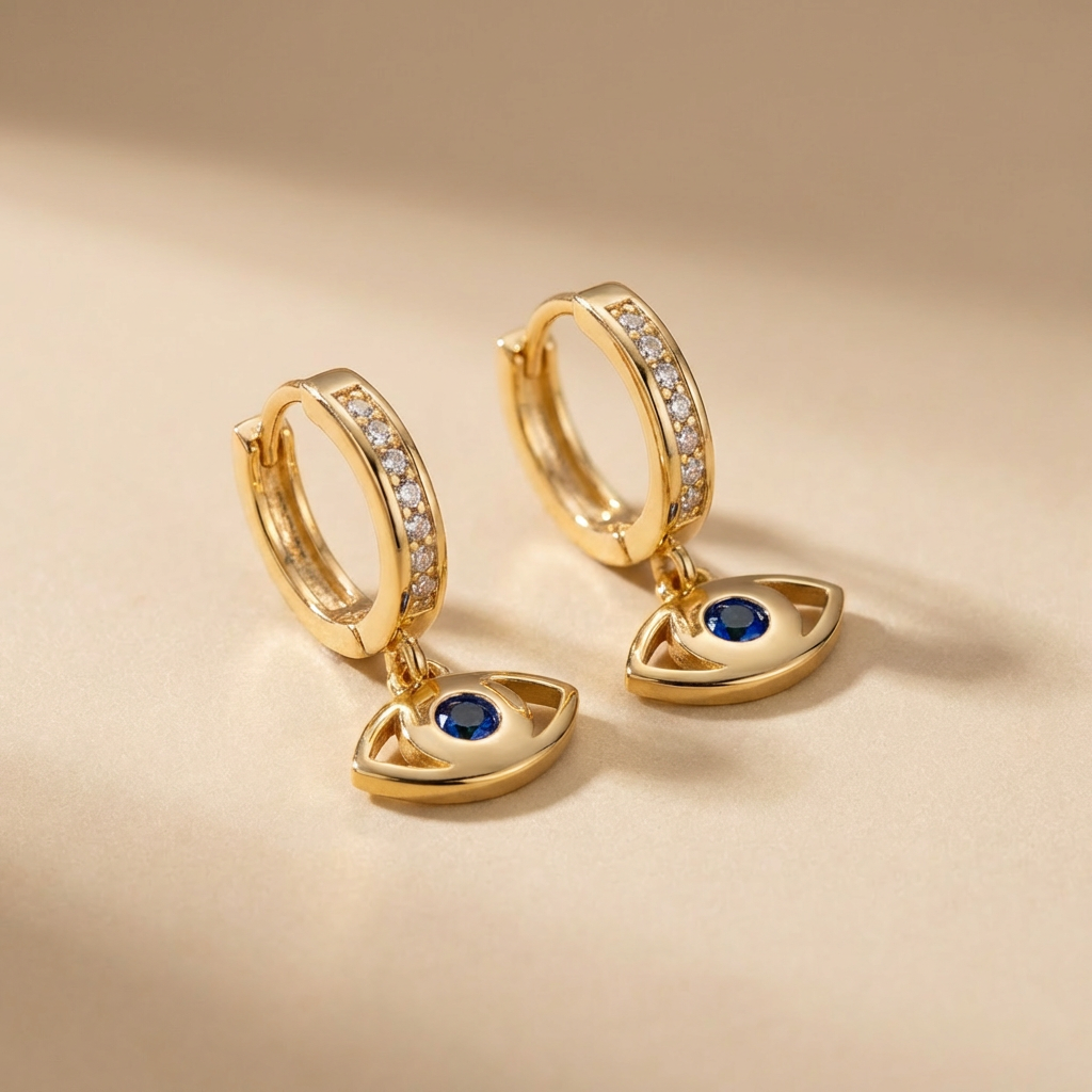 Grapa Larga de Oro 14k Diseño con Ojo Turco Especial Incrustado con Zirconia Azul mod. 10604