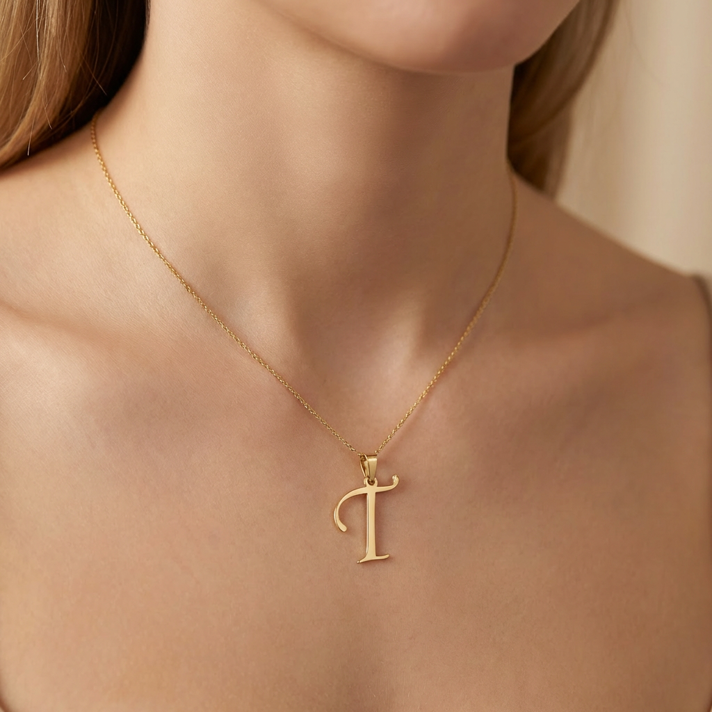 Dije de Oro 14k Modelo de Inicial T Estilo Cursiva Lisa y Brillante mod. 10556