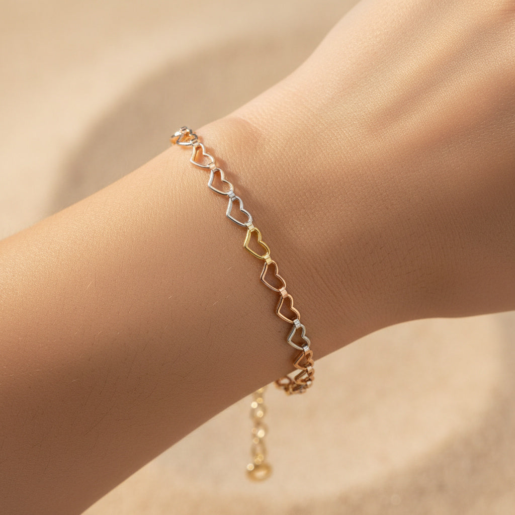 Pulsera de Oro 14k Tejido de Corazones Especial y Brillante mod. 10188