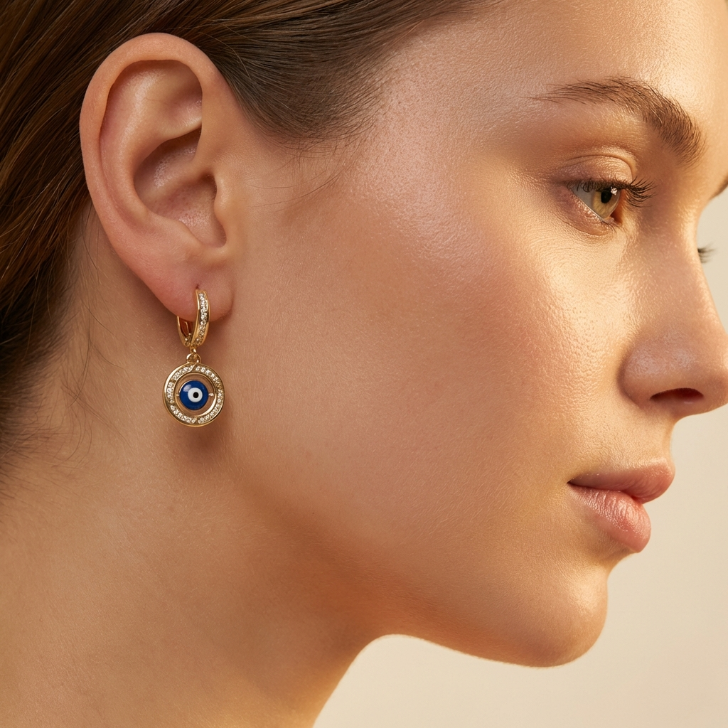 Grapa Larga de Oro 14k con Broche de Zirconias y Ojo Turco en Bisel de Zirconias mod. 10590