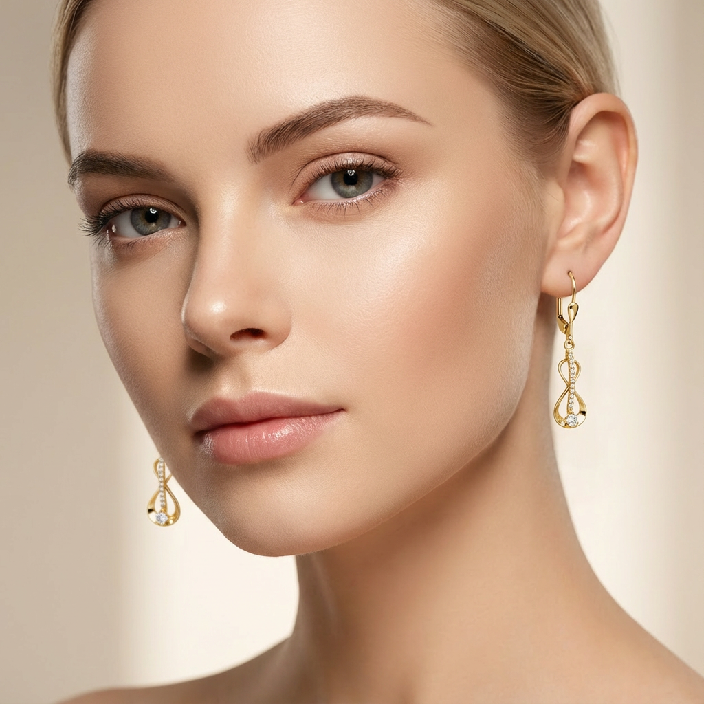 Arete Largo de Oro 14k Diseño con Forma de Infinito Incrustado con Zirconias mod. 10348