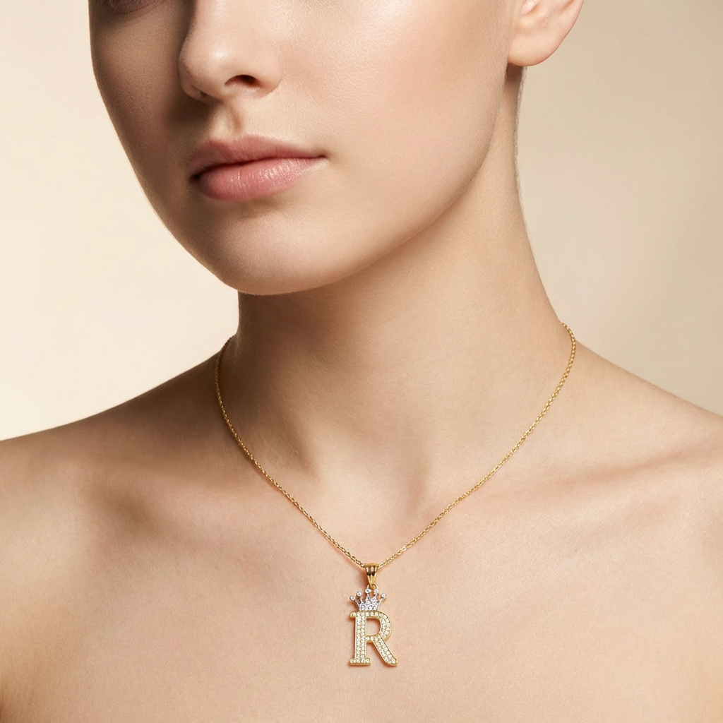 Dije de Oro 14k Inicial R con Corona y Zirconias mod. 10581