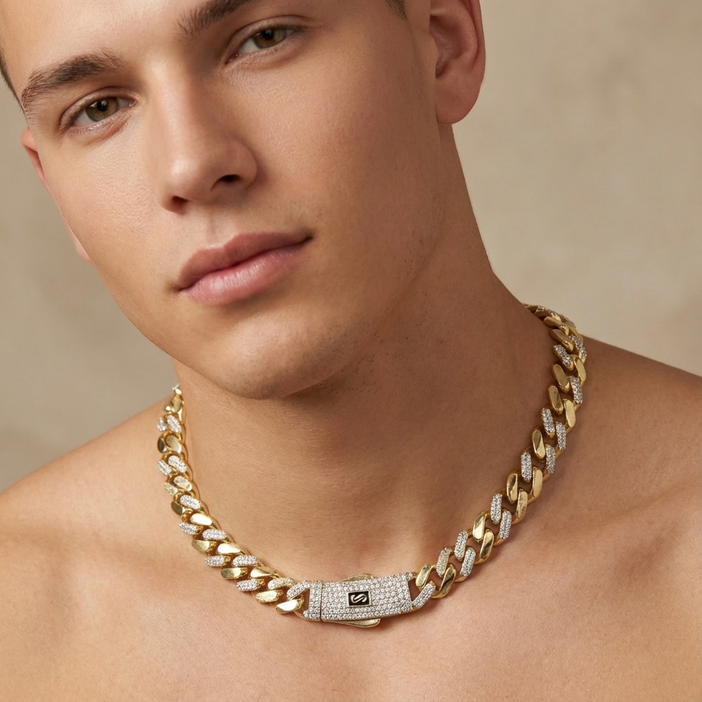 Cadena Monaco Chain de Oro 14k Hueco Modelo Classic Alt Pavé Swarovski mod. 10365